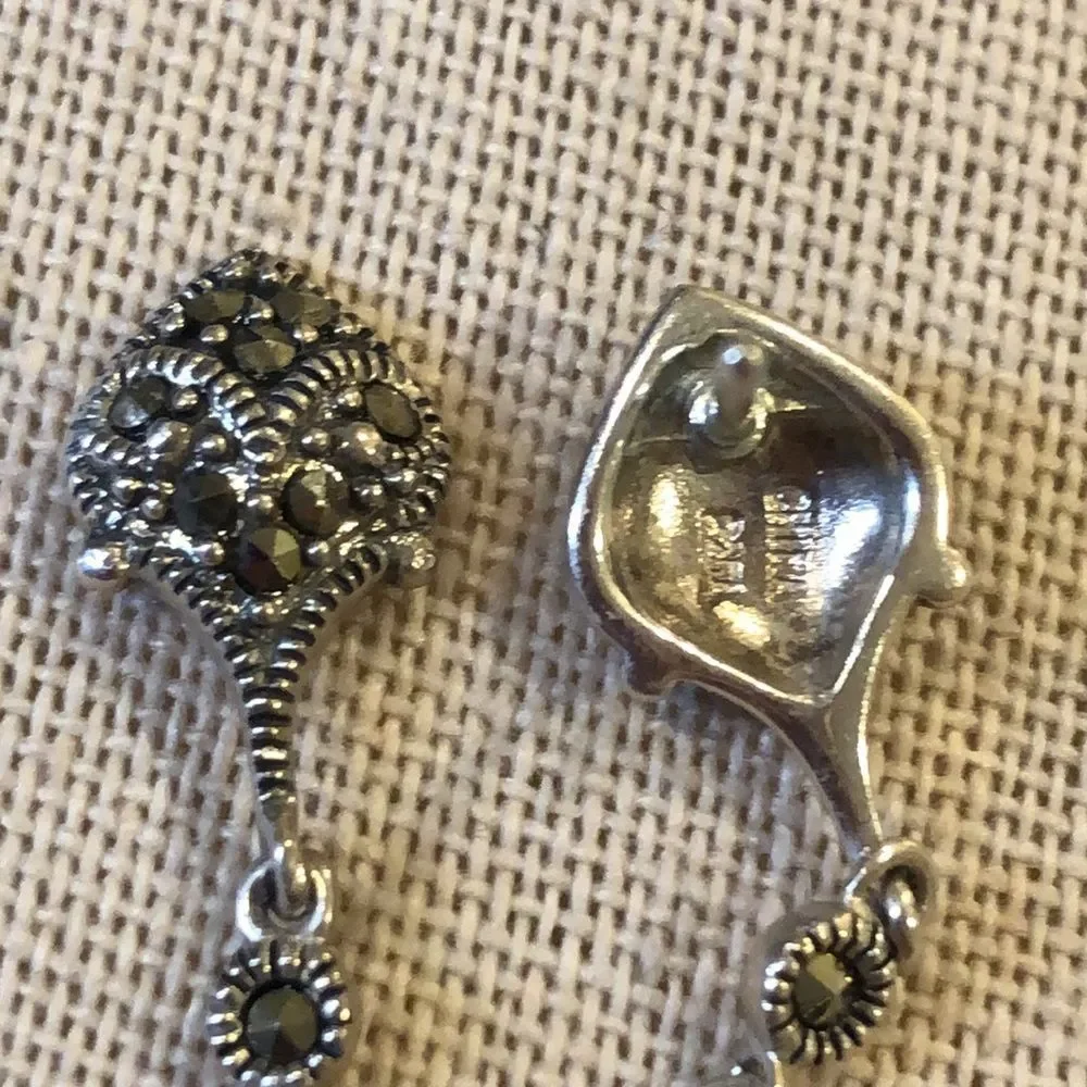 Vintage Red Garnet and Marcasite Long Drop Dangle Sterling Silver Earrings - Picture 2 of 14